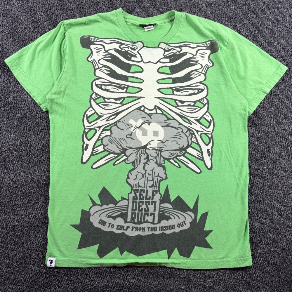 Vintage Self Destruct‎ Skeleton Rib Cage Nuke Graphic Tee Green Men's L USA Y2K